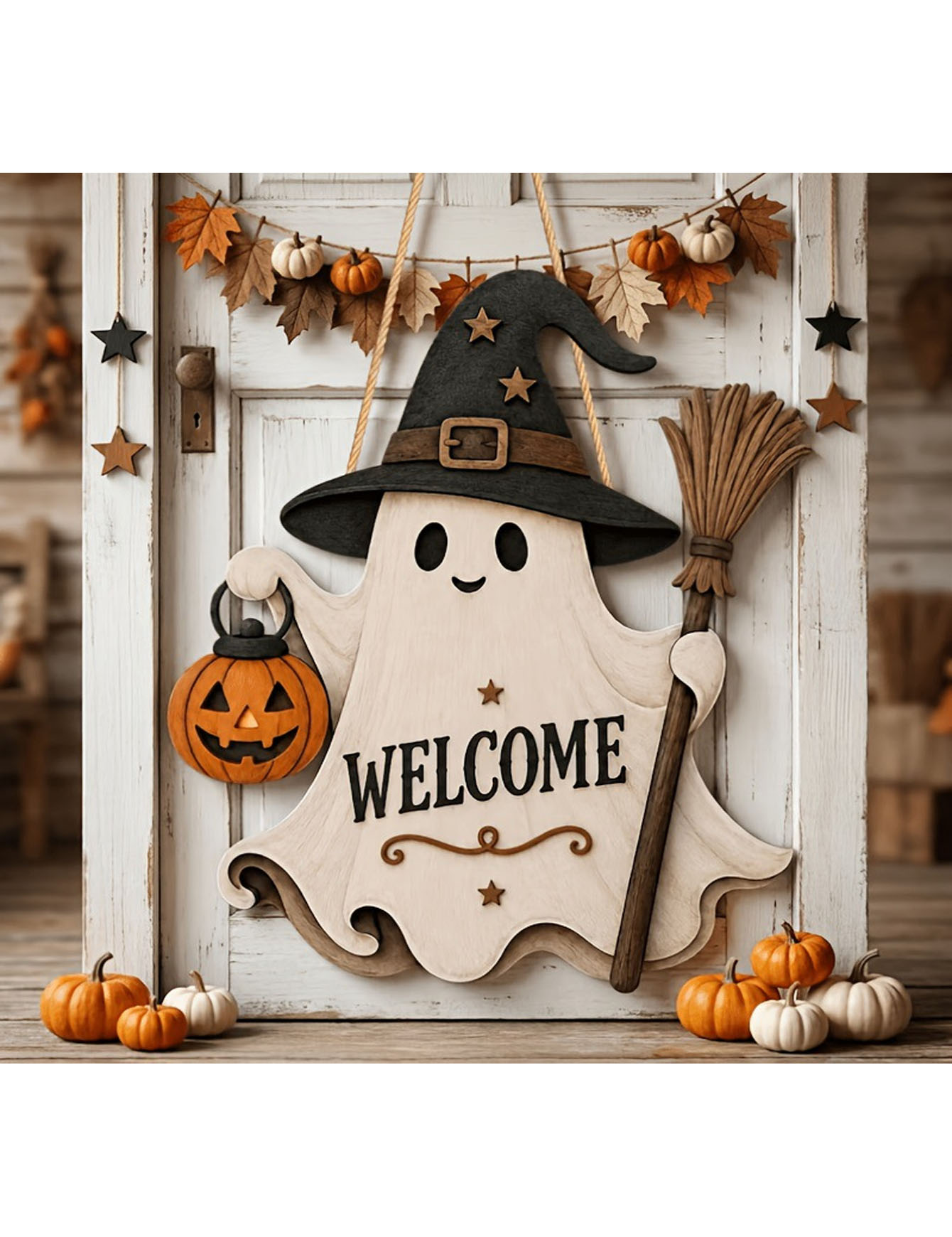 Pumpkin Lantern Halloween - Plaque de porte d'Halloween en bois,