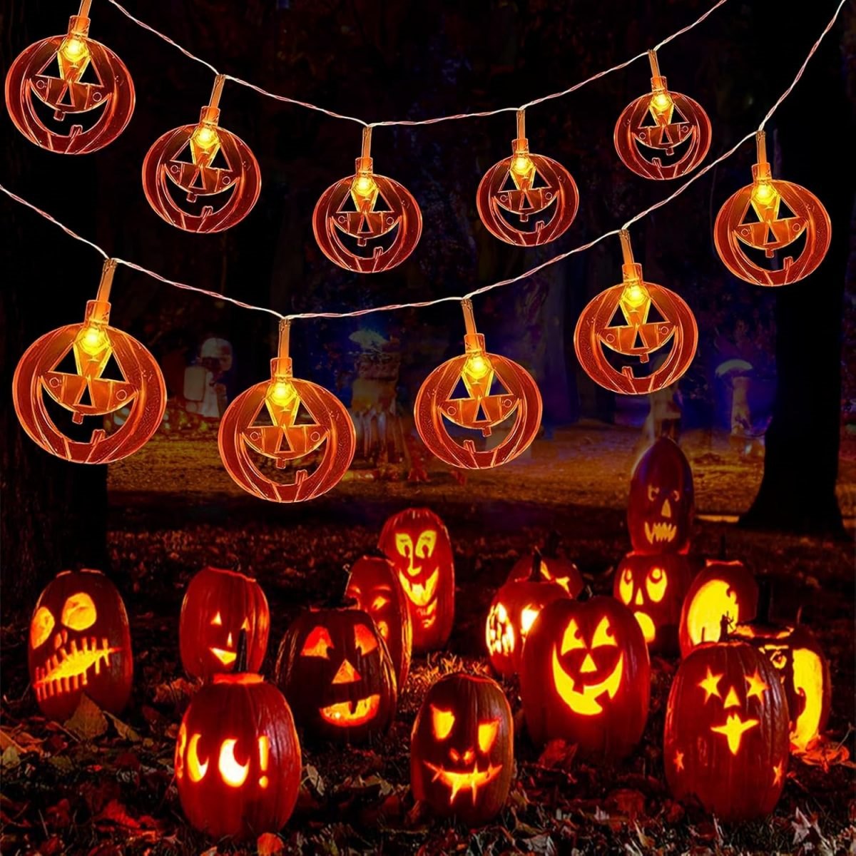 Halloween Led String Lights Orange - Guirlande lumineuse citrouille creuse Orange à